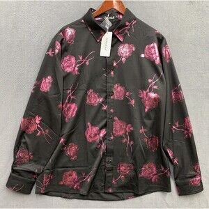 ZEROYAA Mens Hipster Rose Floral Printed Slim Fit Long Sleeve Button Dress Shirt